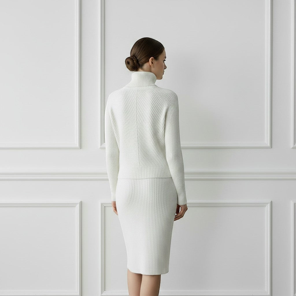 Allzom women's white slim fit knitted turtleneck sweater with ribbed texture and chevron detail.