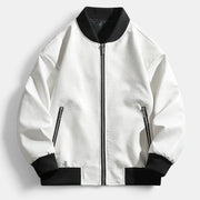 Allzom white faux leather bomber jacket with black collar and cuffs, featuring a crocodile texture and zip pockets.