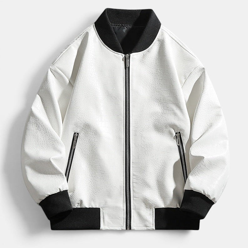 Allzom white faux leather bomber jacket with black collar and cuffs, featuring a crocodile texture and zip pockets.