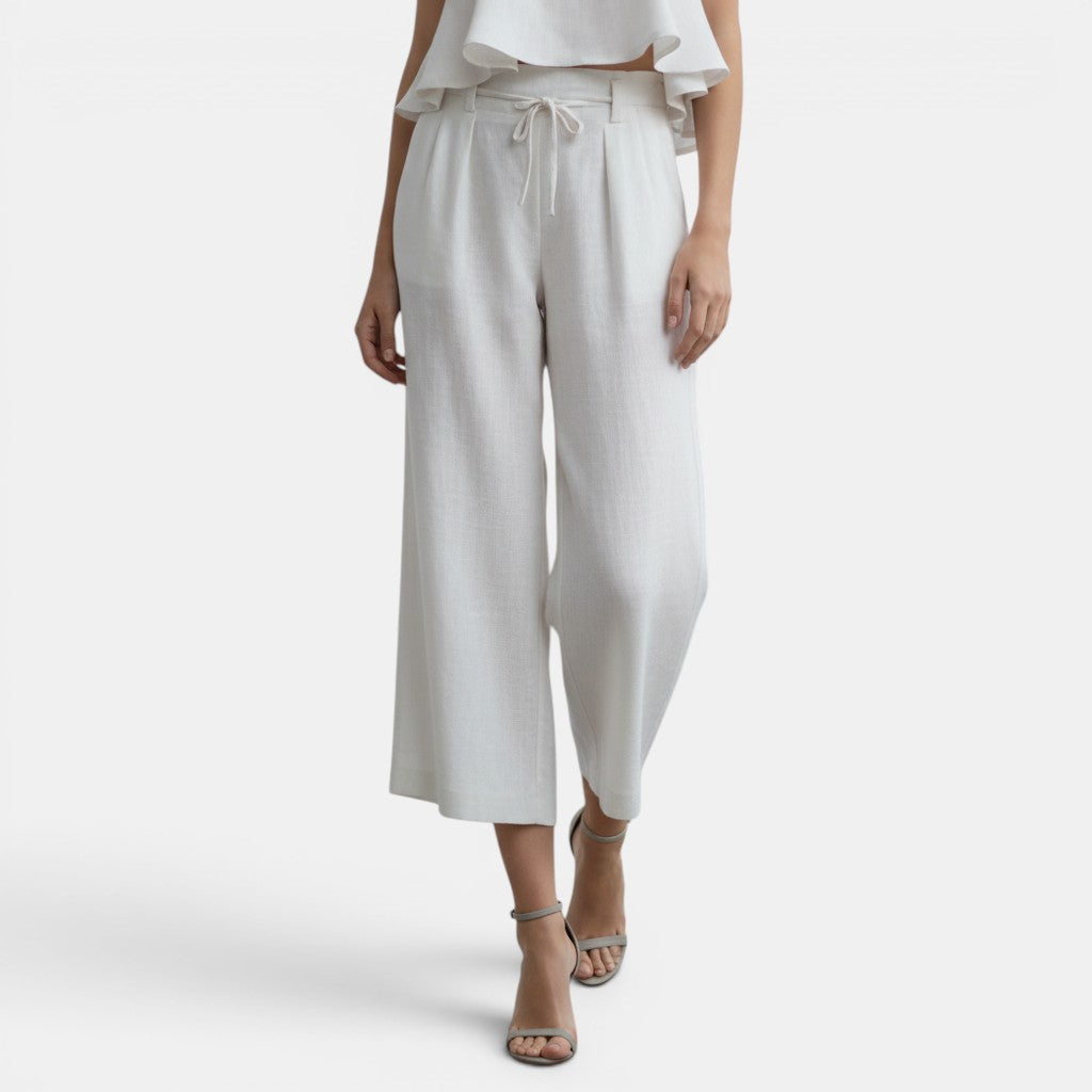 Allzom women's white linen-blend culotte trousers with ruffled detailing and drawstring waist.