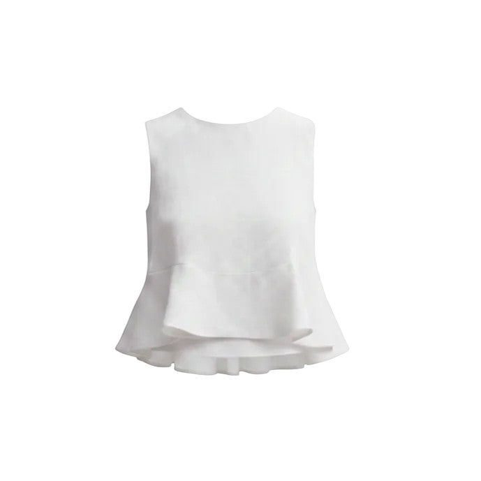 Allzom women's white linen-blend sleeveless top with ruffled detailing and peplum hem.