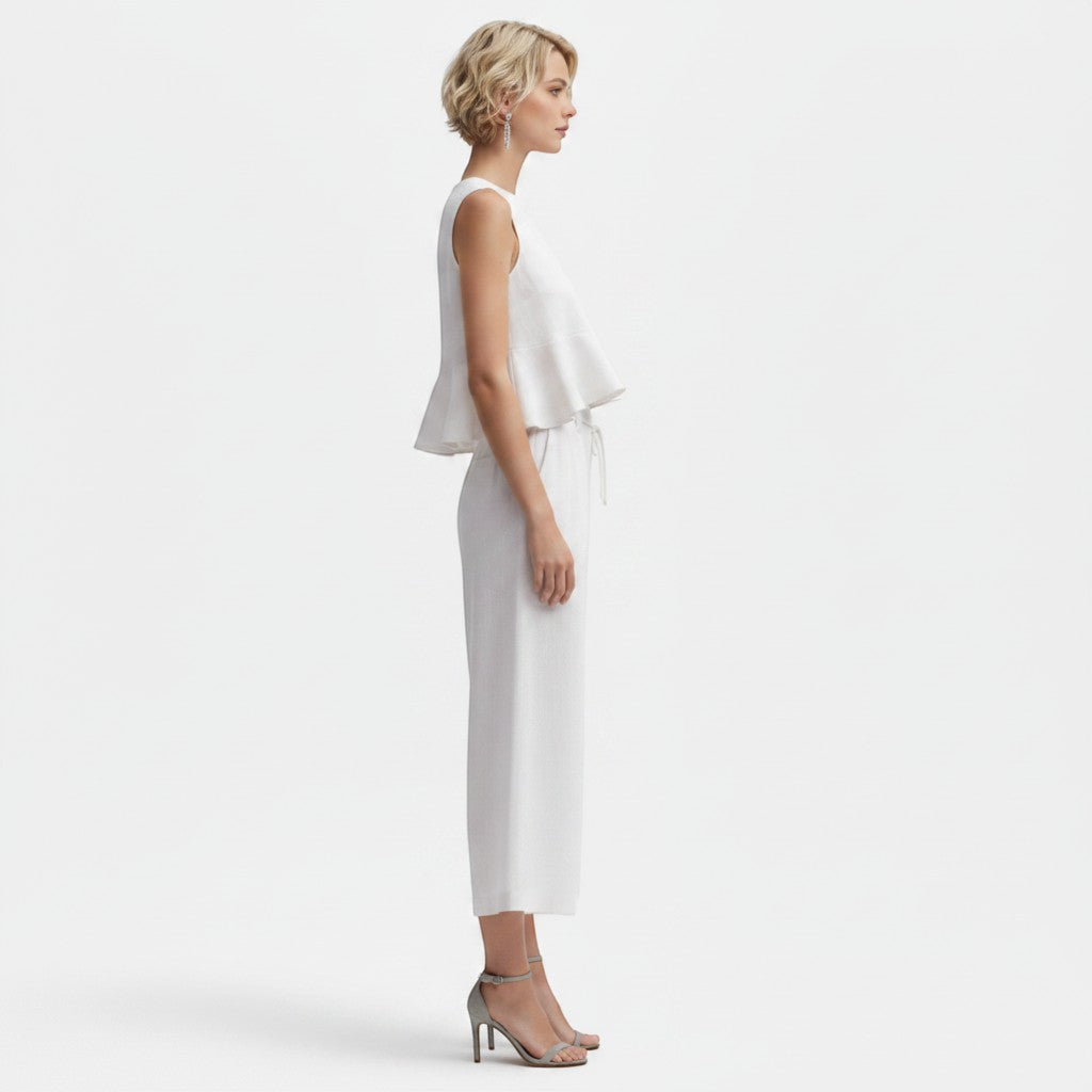 Allzom white linen-blend two-piece set with ruffled detailing on the top and wide-leg cropped pants.