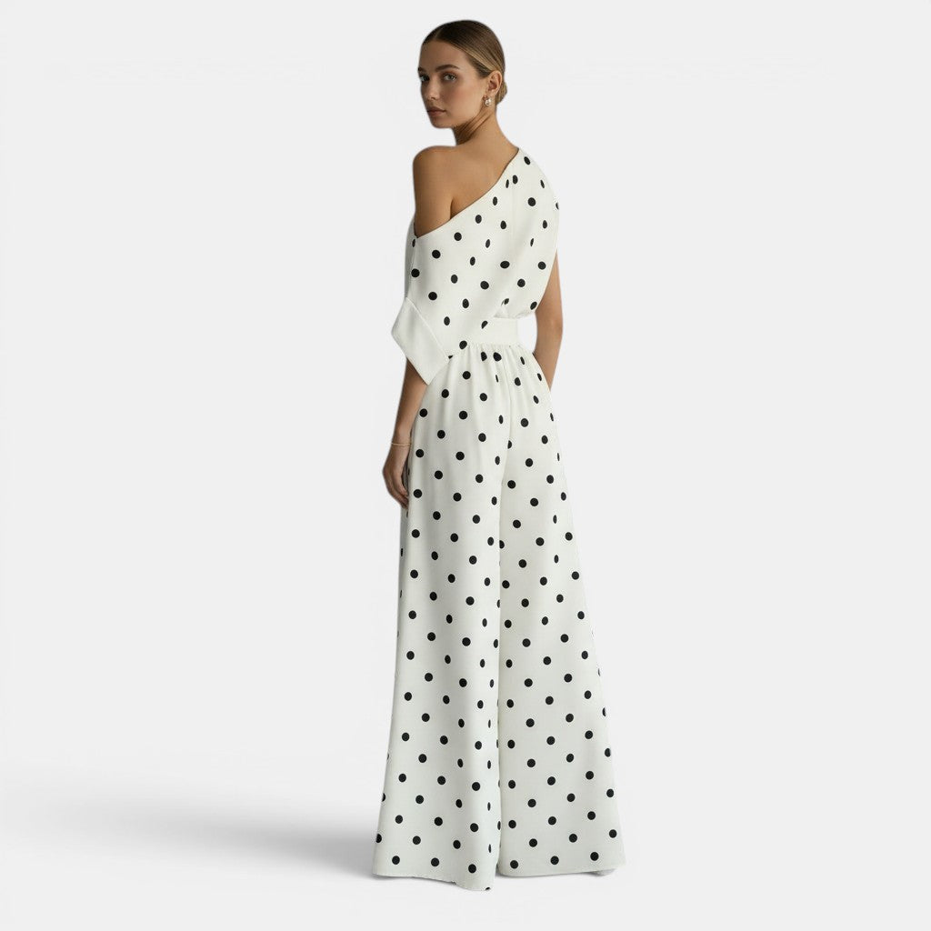 Allzom women's white polka dot off-shoulder top and wide-leg pants set. Lightweight fabric.