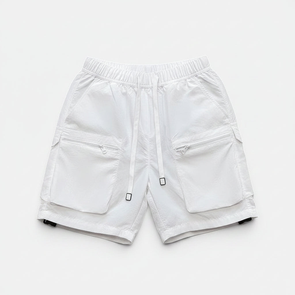 Allzom white polyester cargo shorts with drawstring waist and multiple zip pockets, ideal for sports and casual wear.