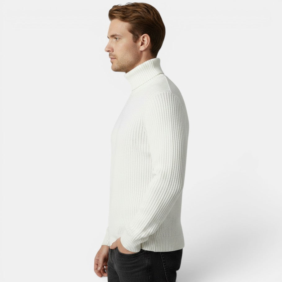 Allzom men's white ribbed knit turtleneck base layer top, slim fit, soft and breathable fabric.
