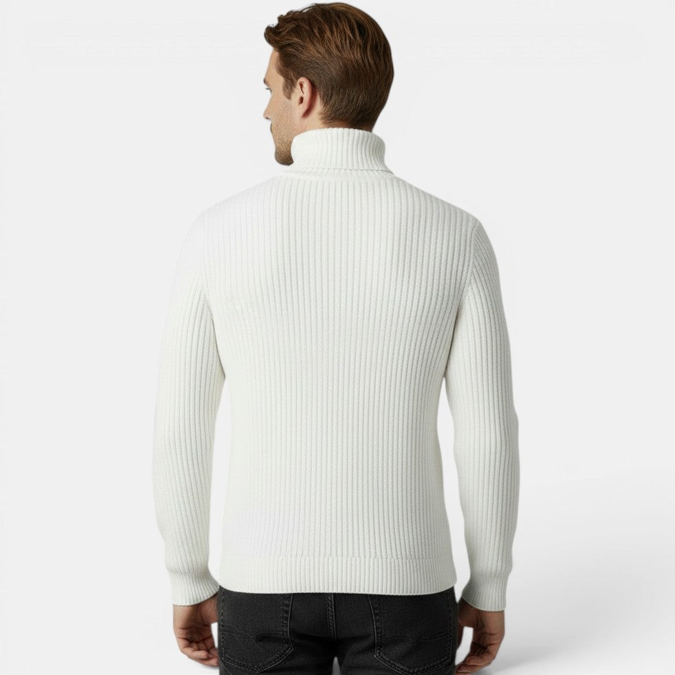 Allzom men's white ribbed knit turtleneck base layer top, slim fit, soft and breathable fabric.