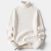 Allzom men's white ribbed knit turtleneck base layer top, slim fit, soft and breathable fabric.