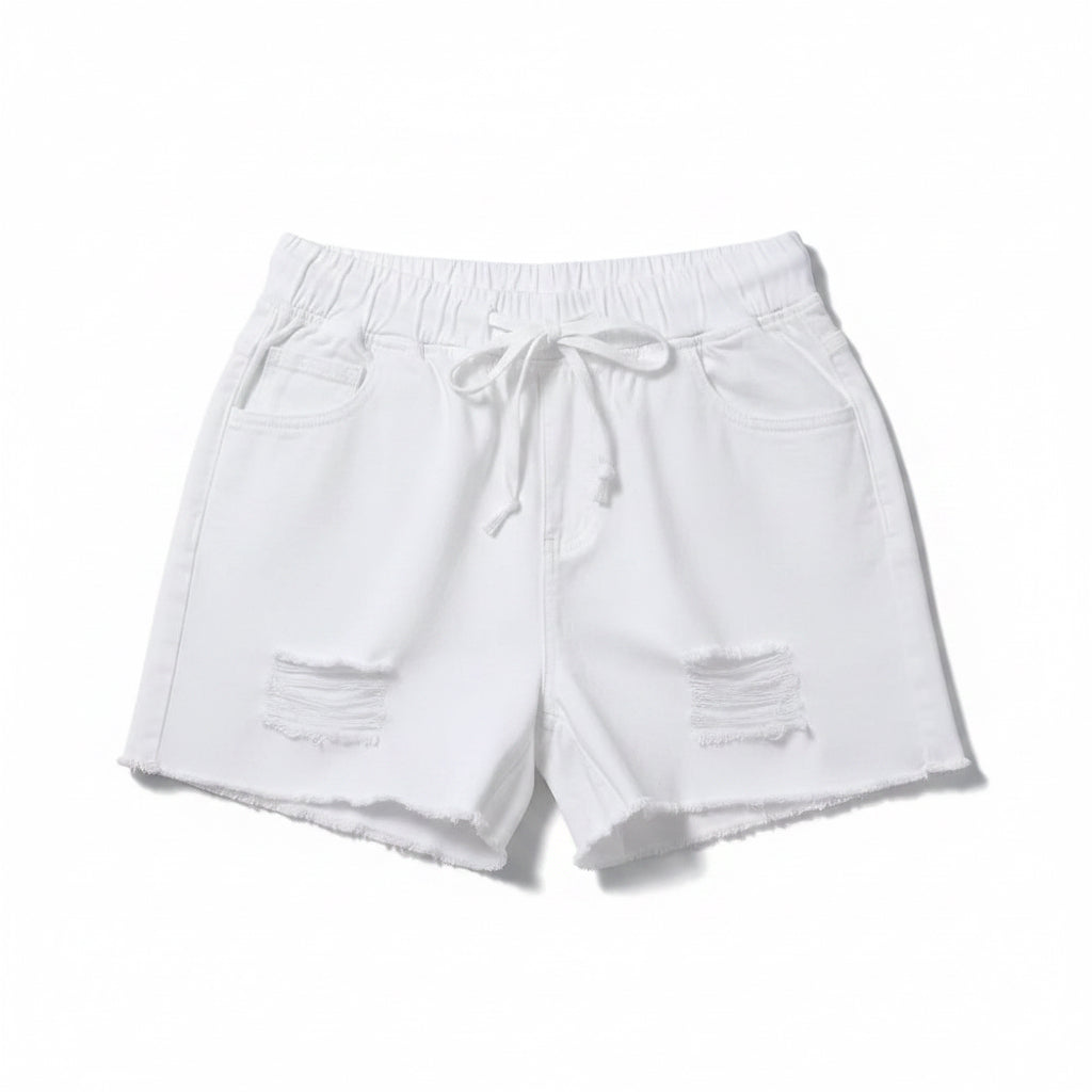 Allzom white ripped denim shorts with mid-to-high waist and drawstring, perfect for summer street fashion.