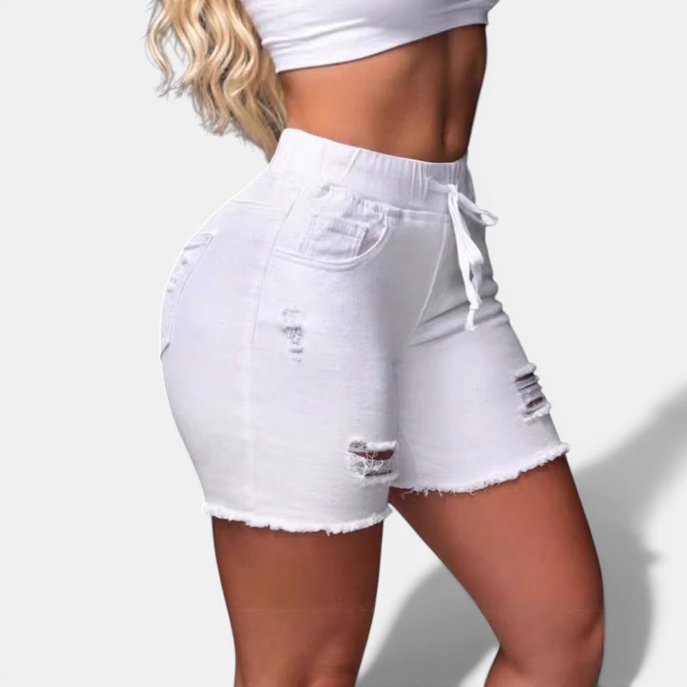Allzom white ripped denim shorts with mid-to-high waist and drawstring detail, perfect for summer street fashion.