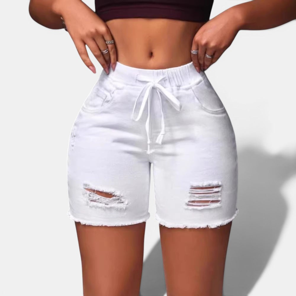 Allzom white ripped denim shorts with drawstring waist and frayed hem, perfect for summer street fashion.