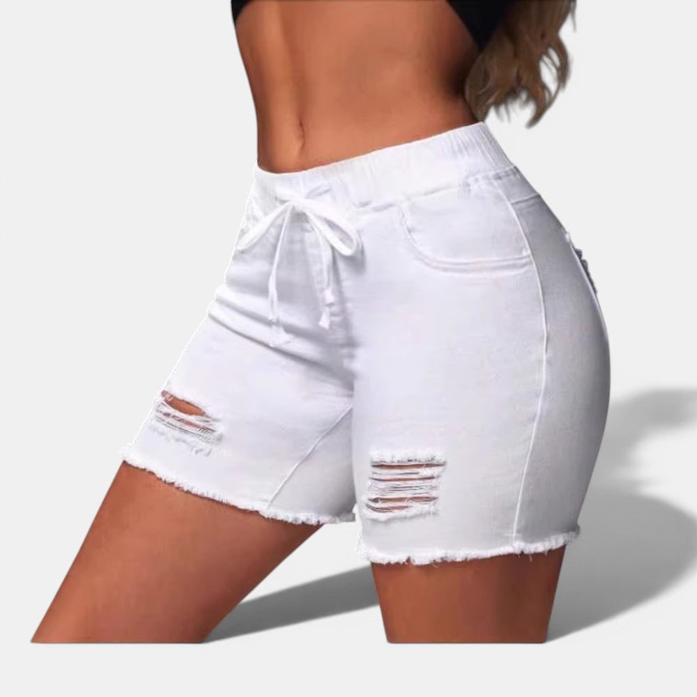 Allzom white ripped denim shorts with drawstring waist and frayed hem, perfect for summer street fashion.