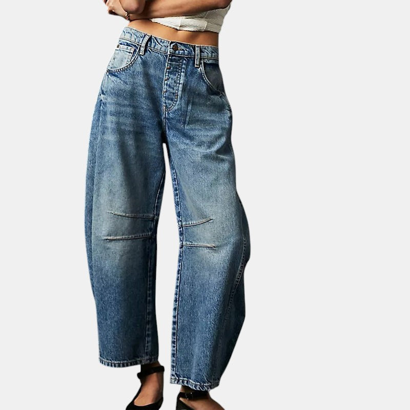 Allzom High Stretch Mid-Rise Barrel Jeans for women, wide leg denim with pockets, available in blue, grey, khaki, white.