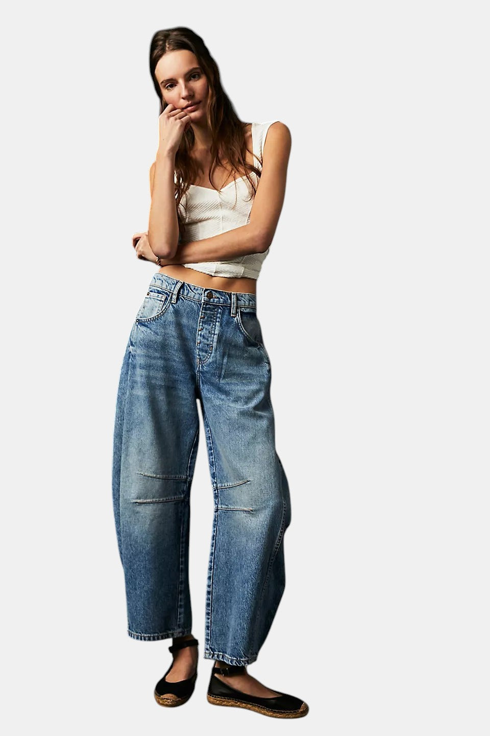 Allzom High Stretch Mid-Rise Barrel Jeans Fashion Wide Leg Shape Women Casual Baggy Mid Waist Denim Jeans