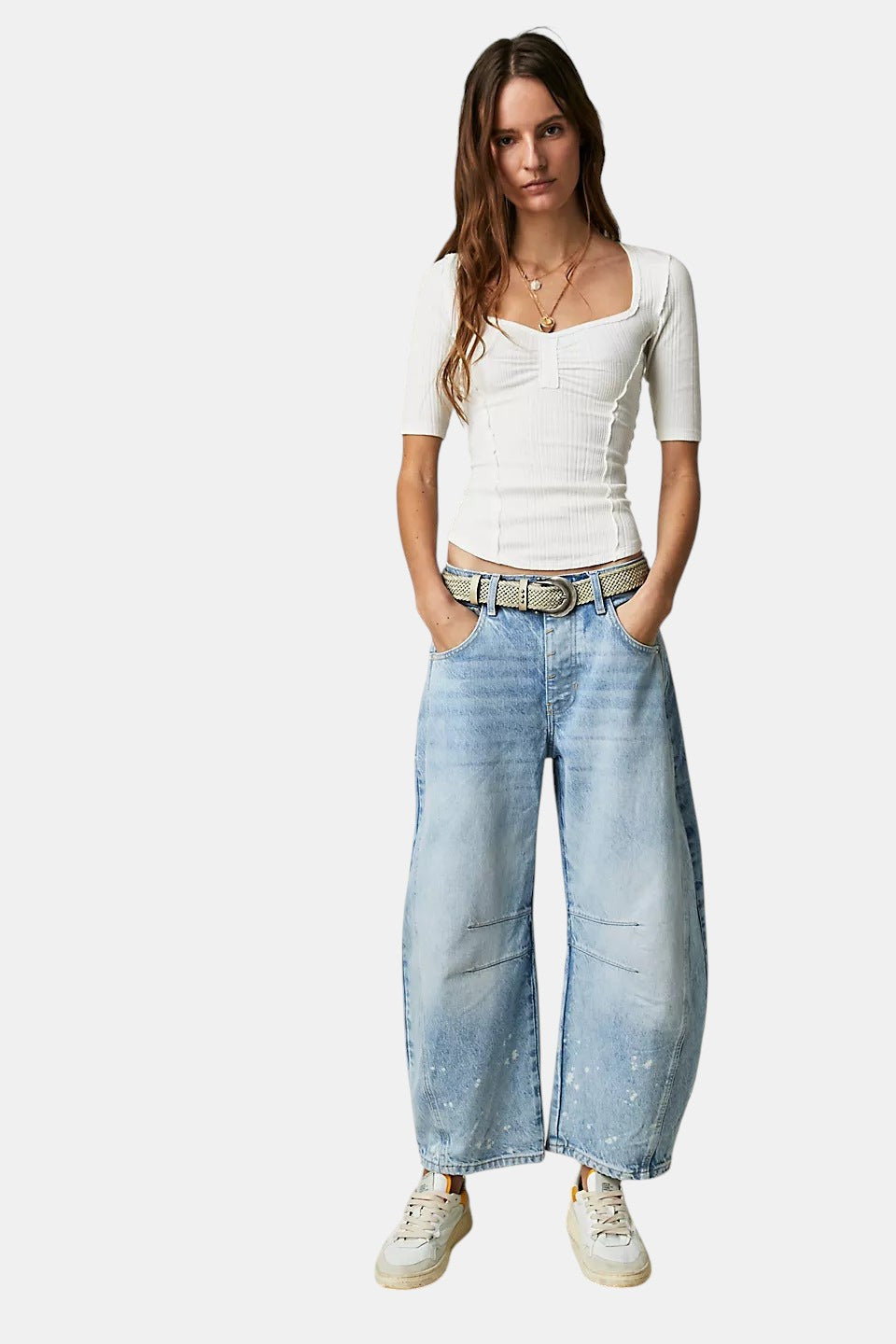 Allzom High Stretch Mid-Rise Barrel Jeans Fashion Wide Leg Shape Women Casual Baggy Mid Waist Denim Jeans