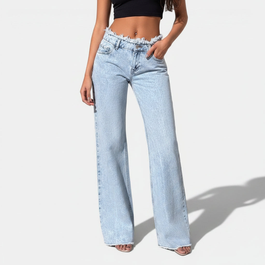 Allzom light blue high waist wide leg denim jeans with raw hem and slimming drape.