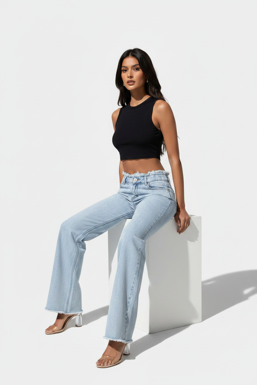 Raw Hem Jeans Women's High Waist Slimming Draping Baggy Pants Wide Leg Pants