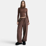 Allzom women's brown slim fit long sleeve t-shirt and high waist loose sweatpants set.