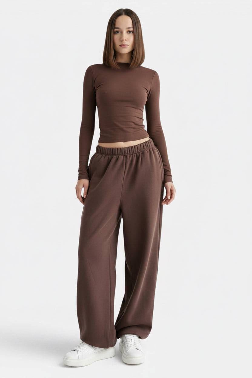 Allzom women's brown slim fit long sleeve t-shirt and high waist loose sweatpants set.