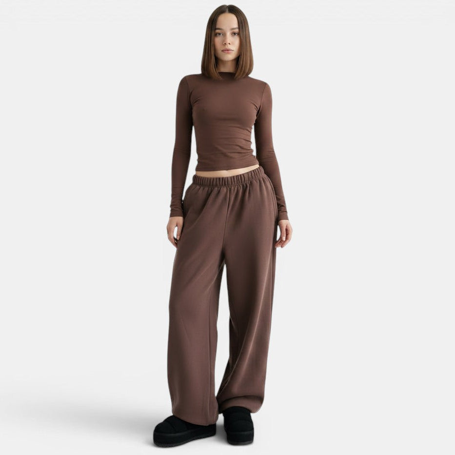 Allzom women's brown slim fit long sleeve t-shirt and high waist loose sweatpants set.