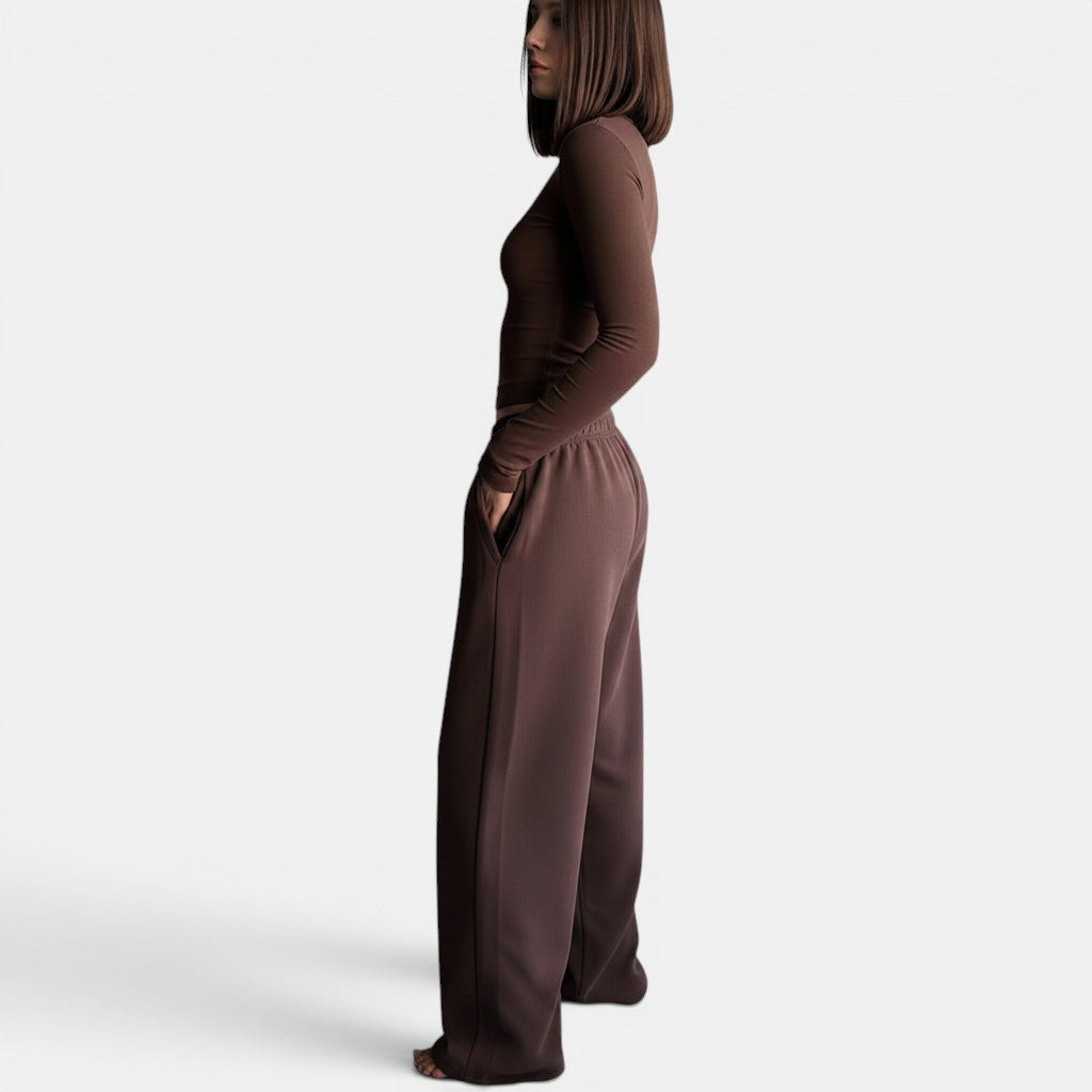 Allzom women's brown slim fit long sleeve t-shirt and high waist loose sweatpants set.