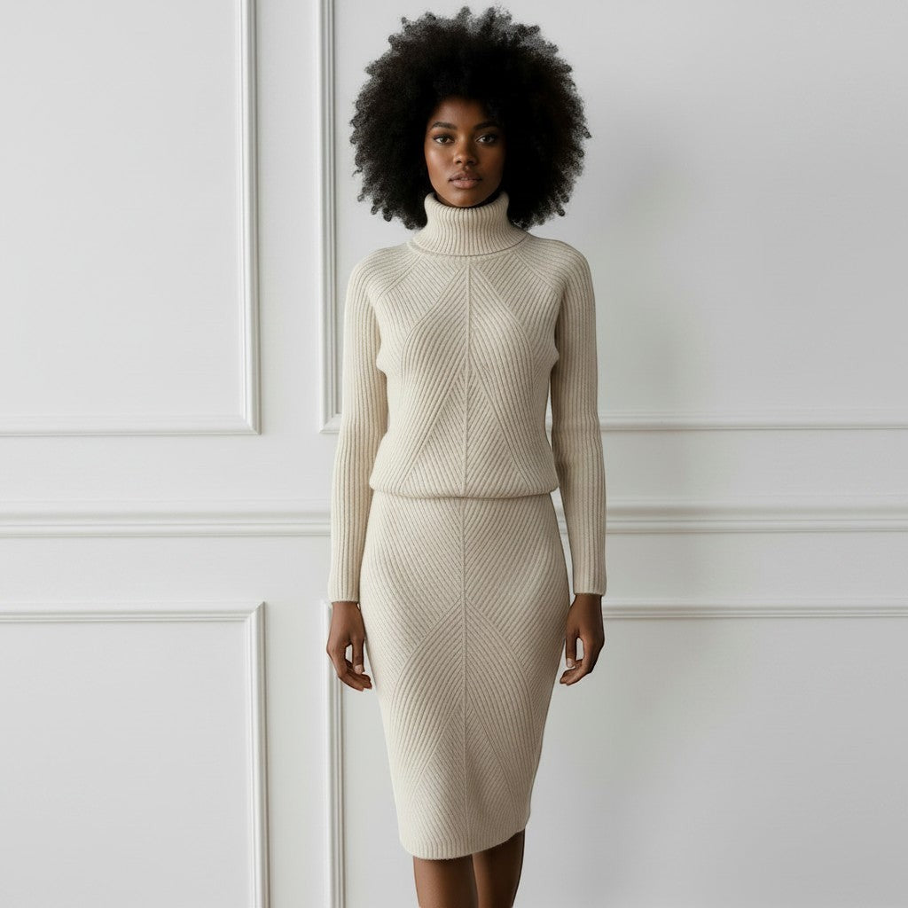 Allzom women's slim fit cream knitted turtleneck sweater with chevron pattern detail