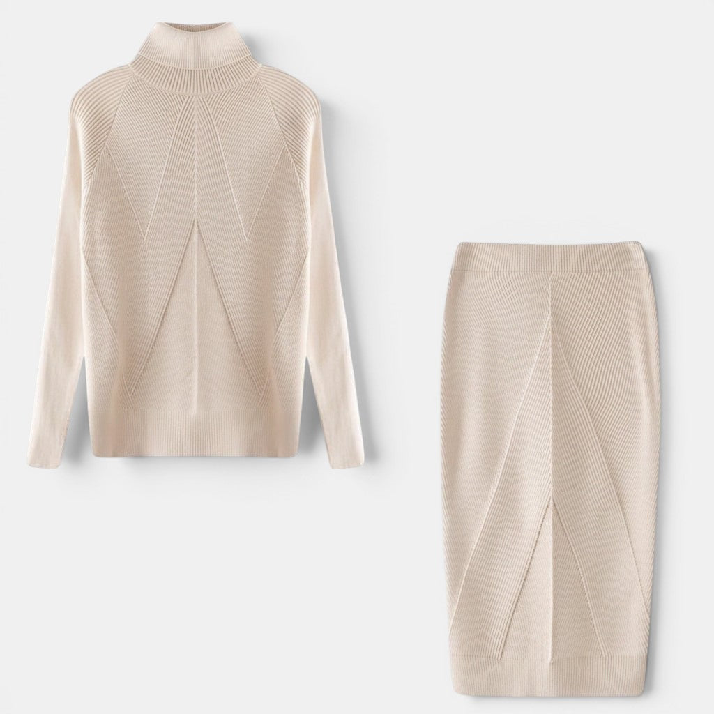 Allzom women's beige slim fit turtleneck knitted sweater and matching skirt with chevron pattern