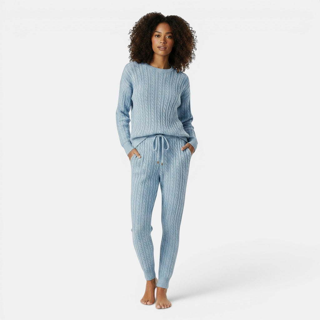 Allzom women's light blue cable knit loungewear set with drawstring waist trousers and crew neck sweater.