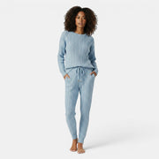 Allzom women's light blue cable knit loungewear set with drawstring waist trousers and crew neck sweater.