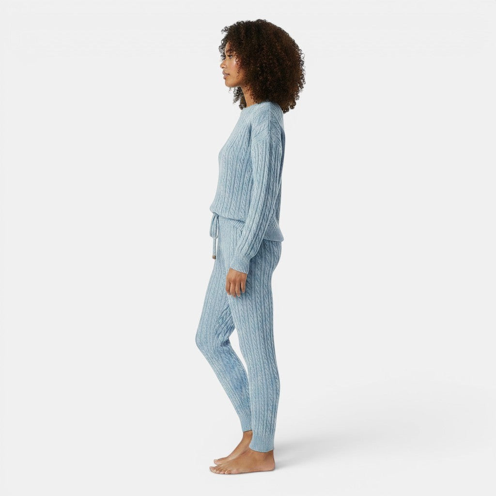 Allzom women's light blue cable knit hooded long-sleeve loungewear set with drawstring waist