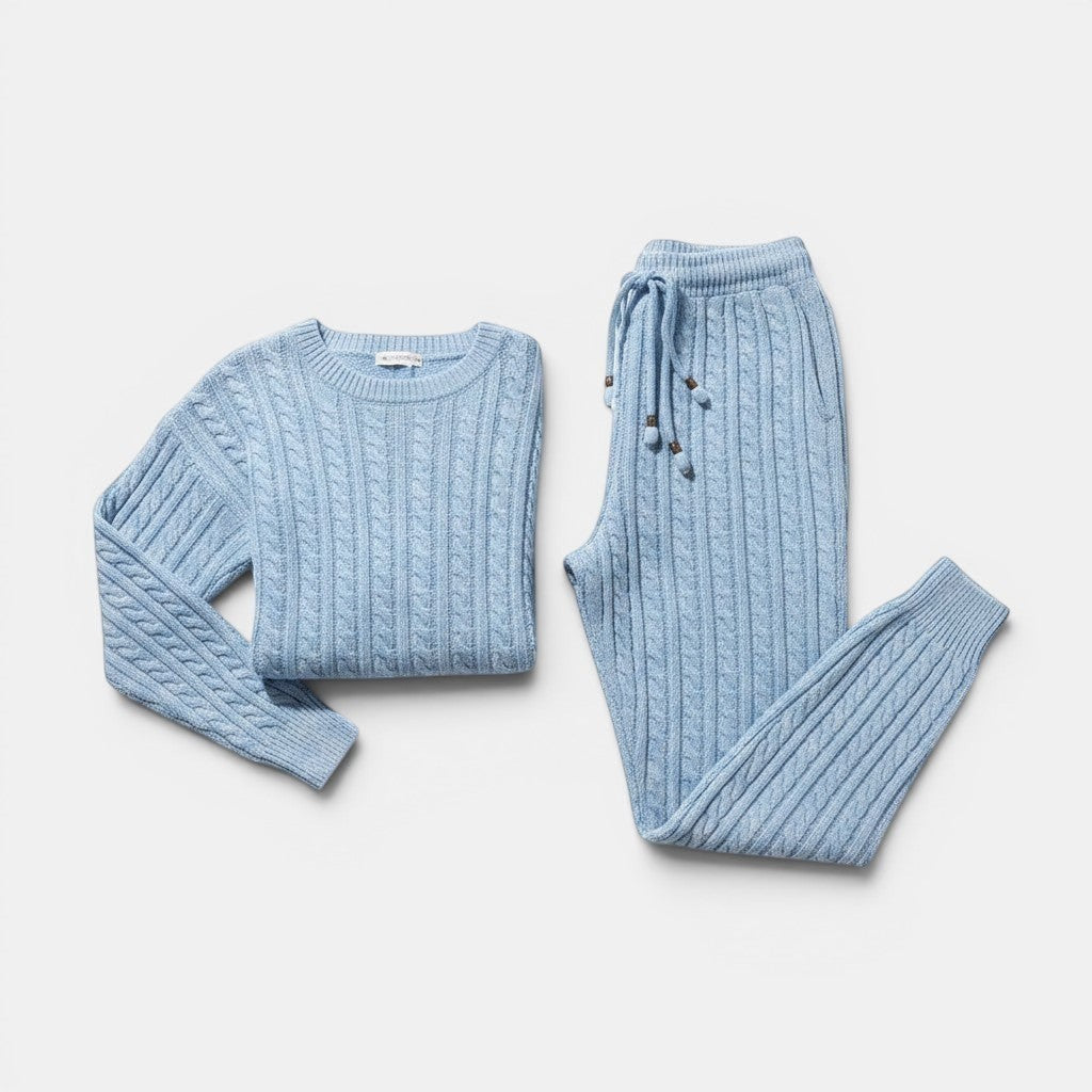 Allzom women's light blue cable knit hooded long-sleeve trousers suit. Comfortable knit fabric.
