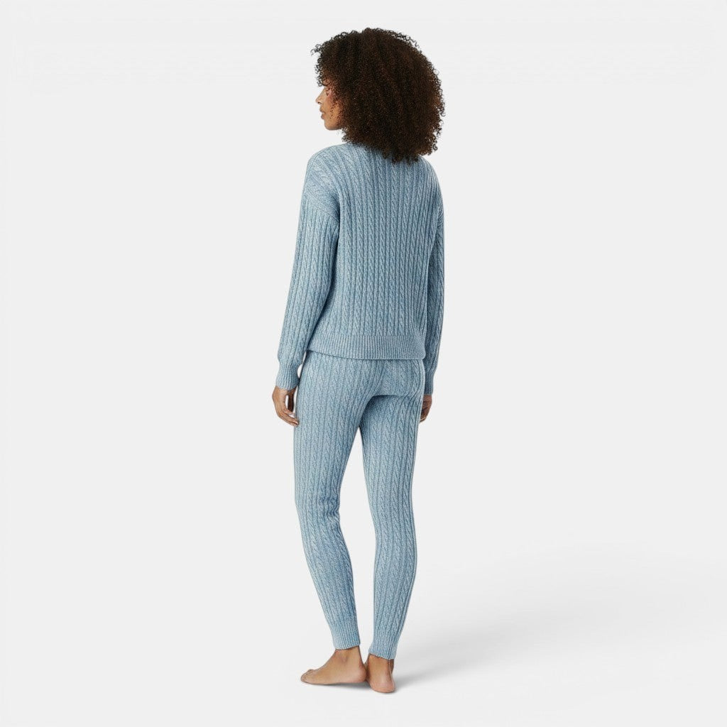 Allzom women's light blue cable knit hooded long-sleeve trousers suit. Comfortable and stylish loungewear.