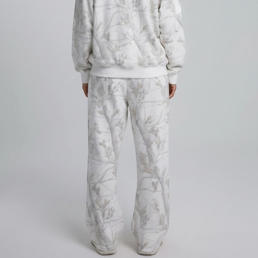 Allzom women's white camouflage maple leaf print sweatshirt and matching sweatpants. Soft, comfortable sportswear.