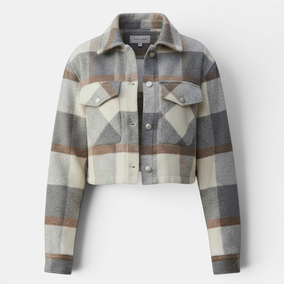 Allzom women's cropped checkered wool-blend jacket with lapel collar and button closure in grey, white and brown.