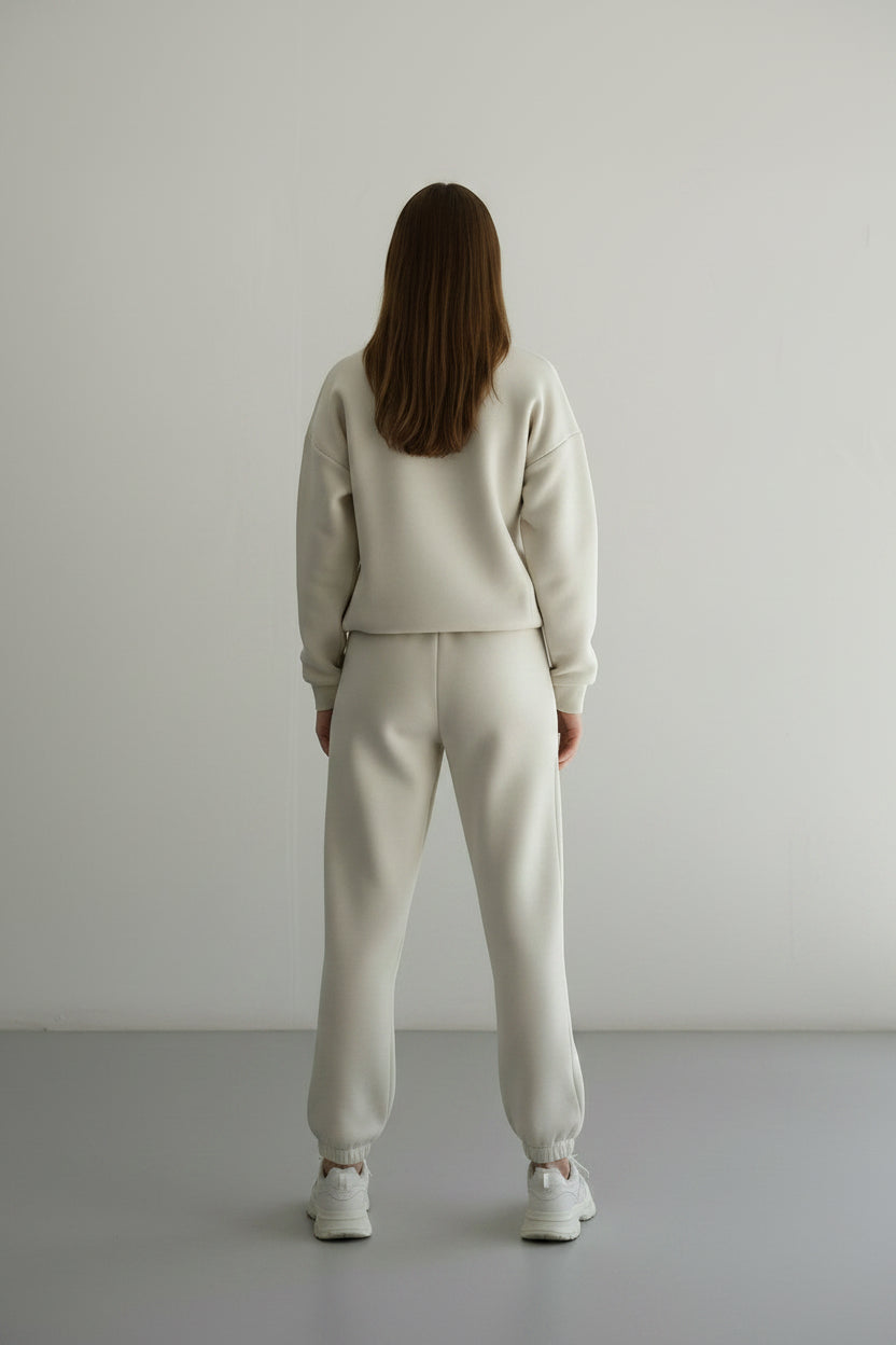 Allzom women's cream tracksuit set with zip jacket and casual pants, soft breathable fabric, Y2K style.