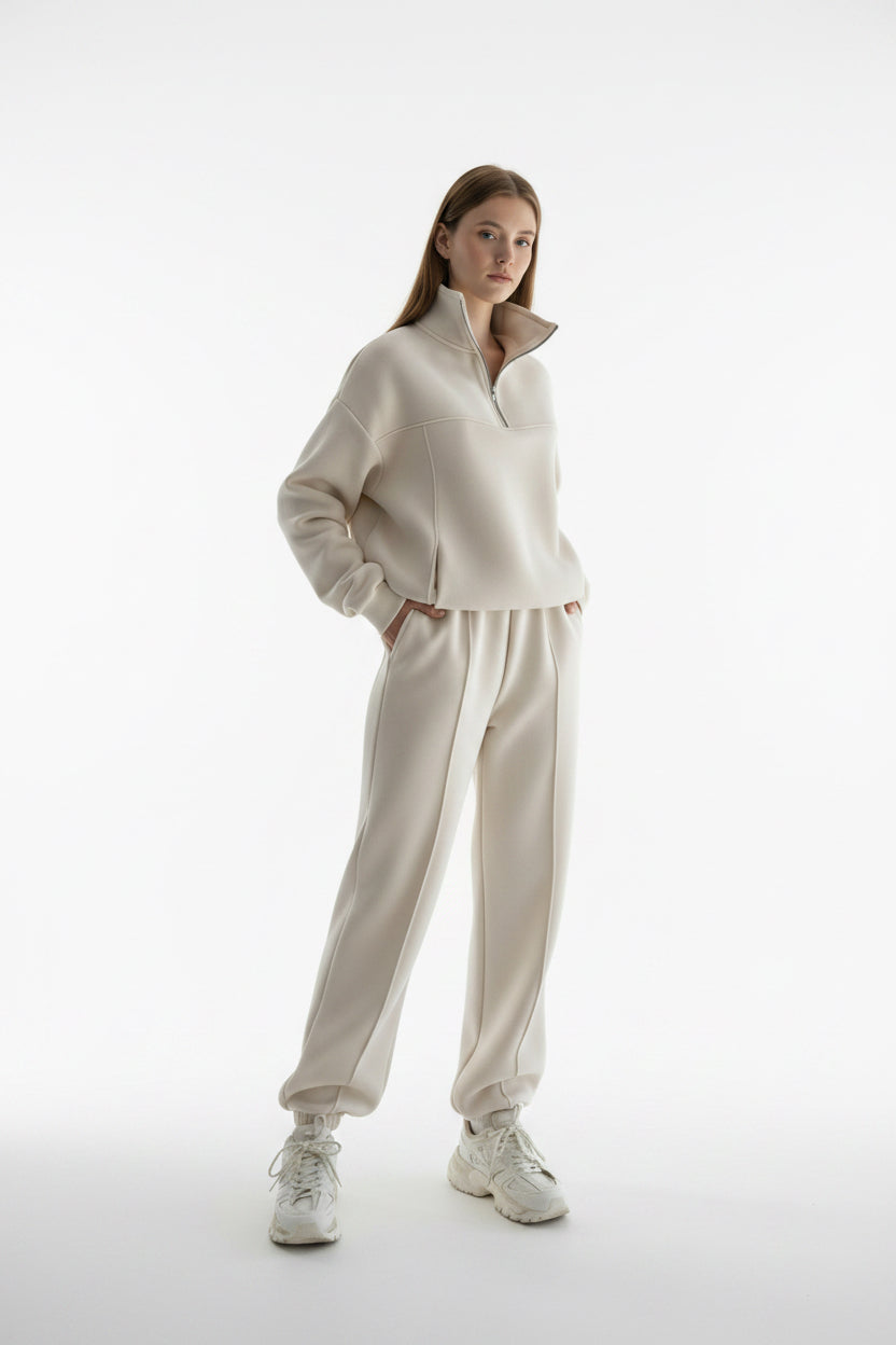 Allzom women's cream Y2K tracksuit set with zip jacket and casual pants. Soft, breathable fabric.
