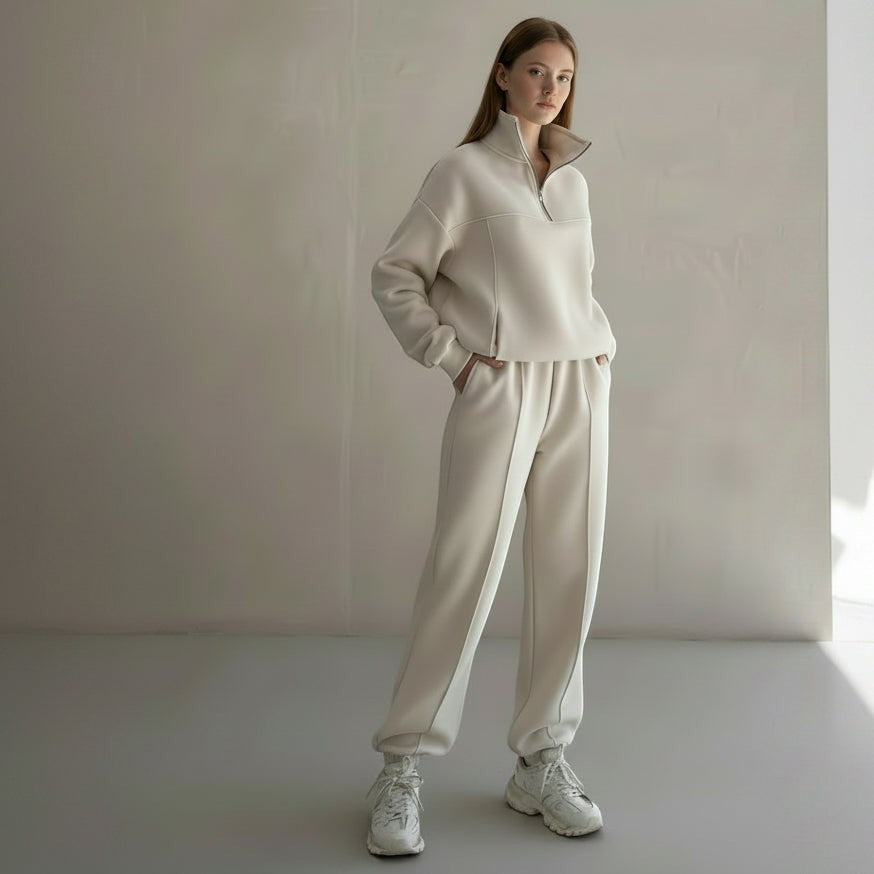 Allzom women's cream Y2K tracksuit set with zip jacket and casual pants. Soft, breathable fabric.
