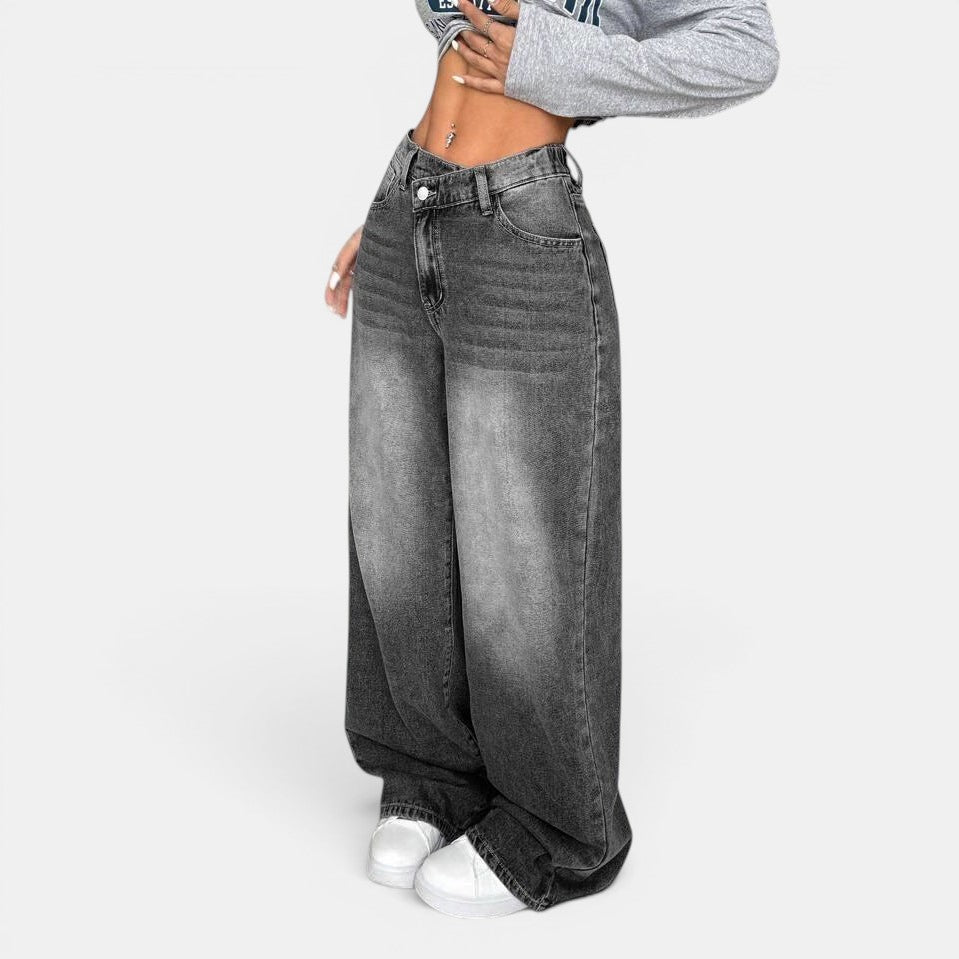 Allzom Women's dark gray washed denim jeans, high waist, loose fit, straight leg, casual style.