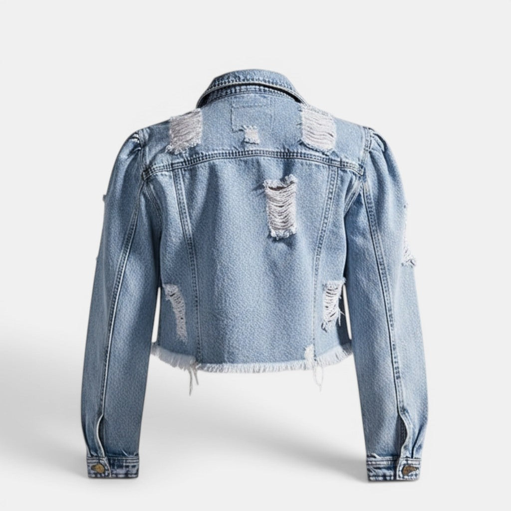 Allzom women's light blue water-washed denim jacket with distressed holes and raw edge hem.