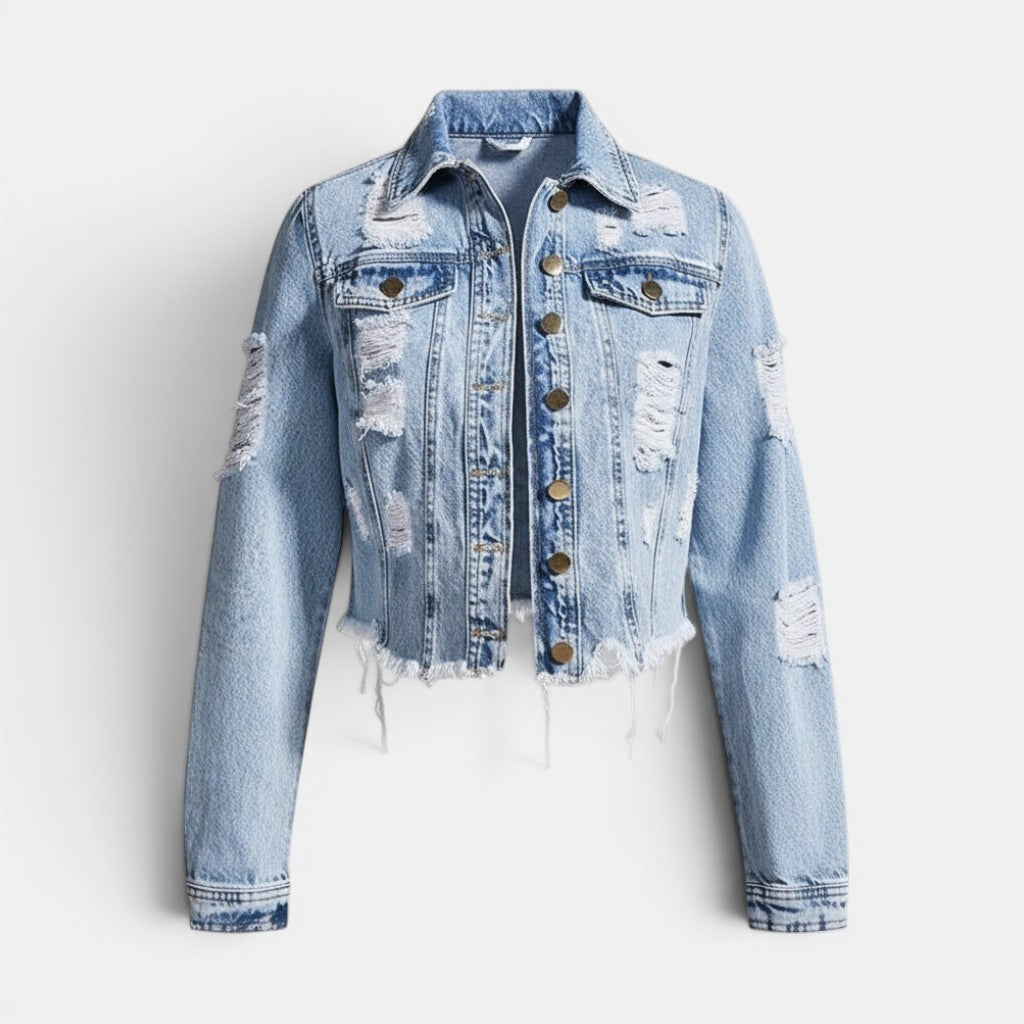 Allzom women's light blue water-washed denim jacket with raw edges and distressed holes. Button closure.