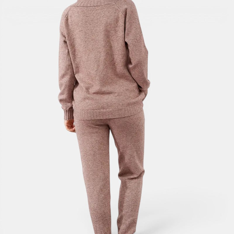 Allzom women's dusty rose V-neck long-sleeve knit trousers suit. Comfortable and versatile.
