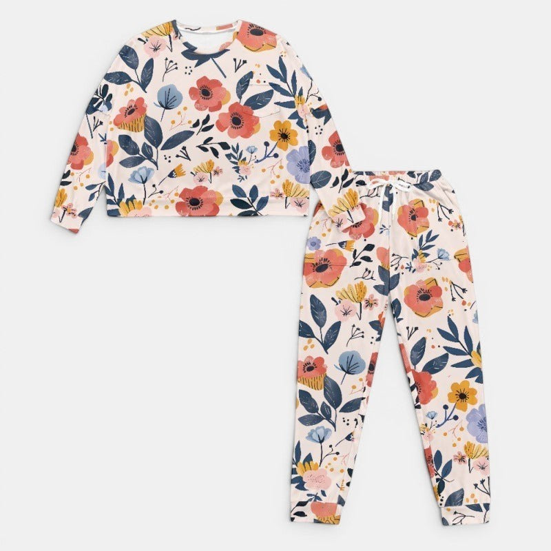 Allzom women's cream floral print long sleeve pajama set with crew neck and elastic waist pants.