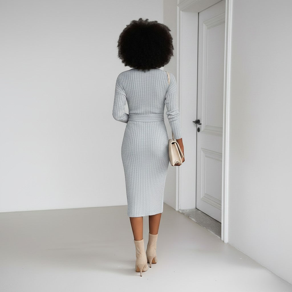 Allzom women's light grey V-neck long sleeve knitted midi dress with tied waist detail.