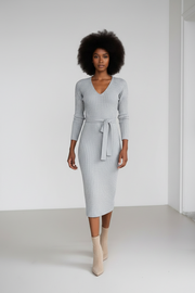 Women's V-Neck Long Sleeve Knitted Tied Dress