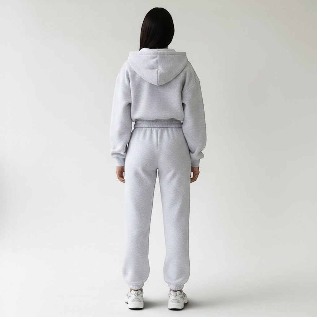 Allzom women's light grey hooded knit top and ankle-banded pants sports suit.