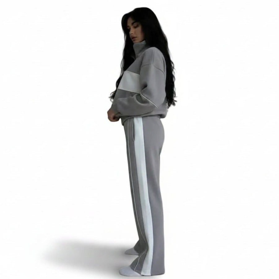 Allzom women's grey long-sleeve sweatshirt and trousers set with white contrast stripe detail. Casual loungewear.