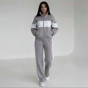 Allzom women's grey and white contrast colour long-sleeve sweatshirt and trousers casual suit.