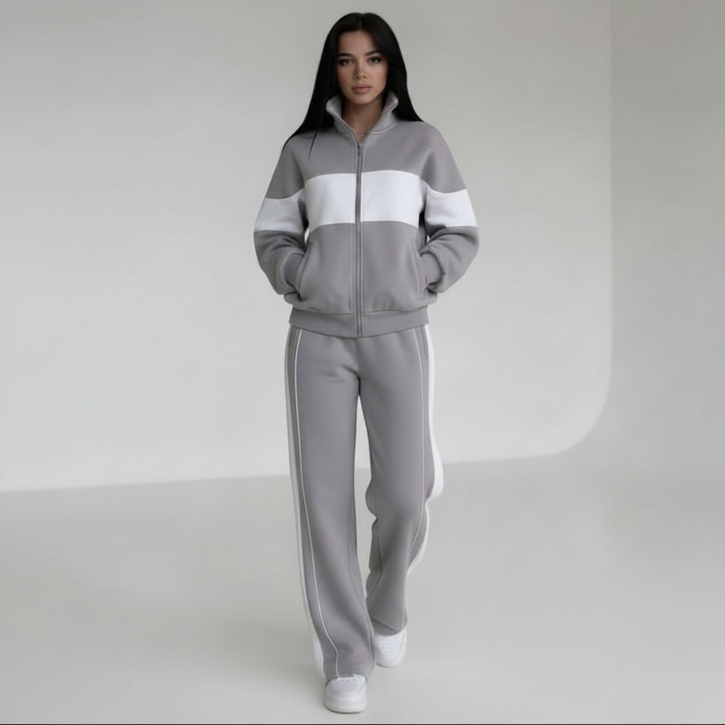 Allzom women's grey and white contrast colour long-sleeve sweatshirt and trousers casual suit.