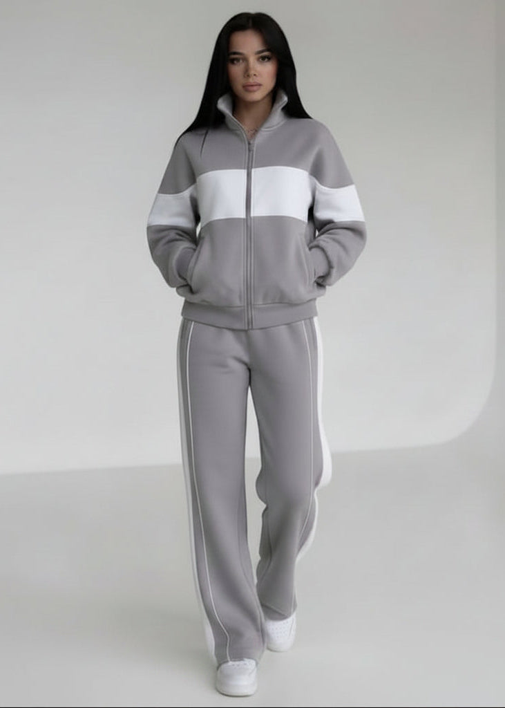 Allzom women's grey and white contrast colour long-sleeve sweatshirt and trousers casual suit.