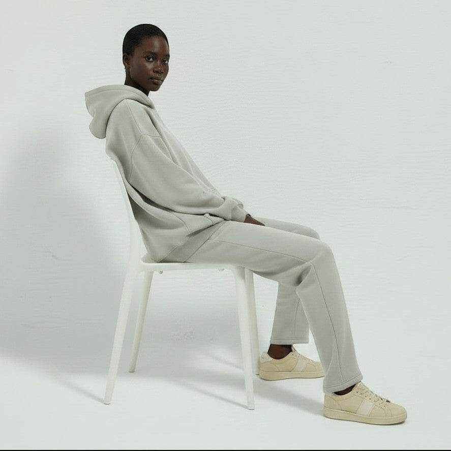 Allzom women's light grey hooded fleece-lined sweatshirt and matching joggers set.