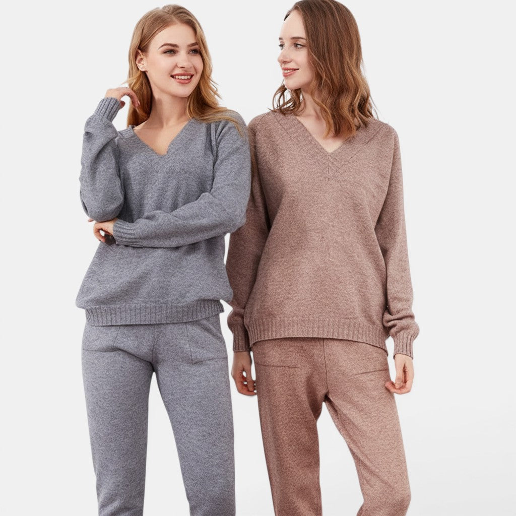 Allzom women's grey and taupe V-neck long-sleeve knit trouser suits. Soft, comfortable knitwear.